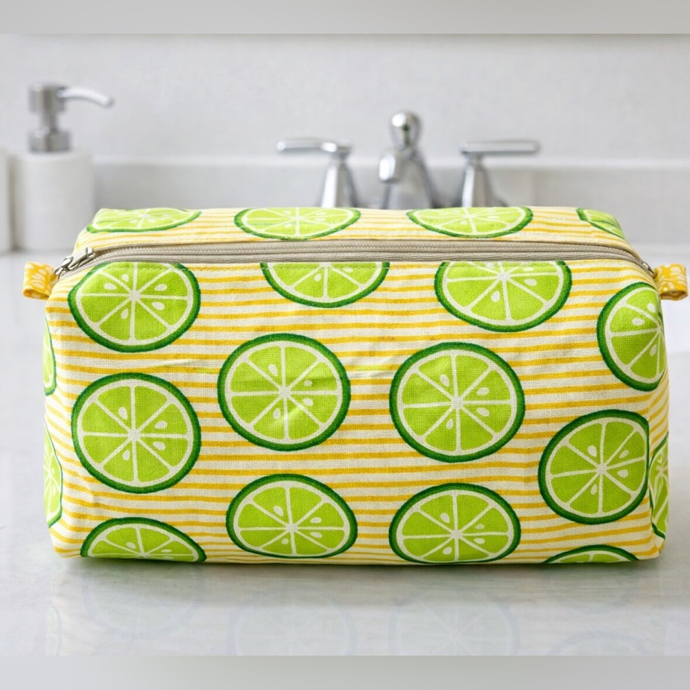 Lime Print Yellow Stripe Canvas Cosmetic Bag